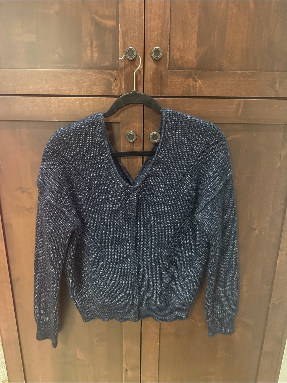 Pink Rose Navy Blue V-Neck Chunky Sweater (super cute button back detail)